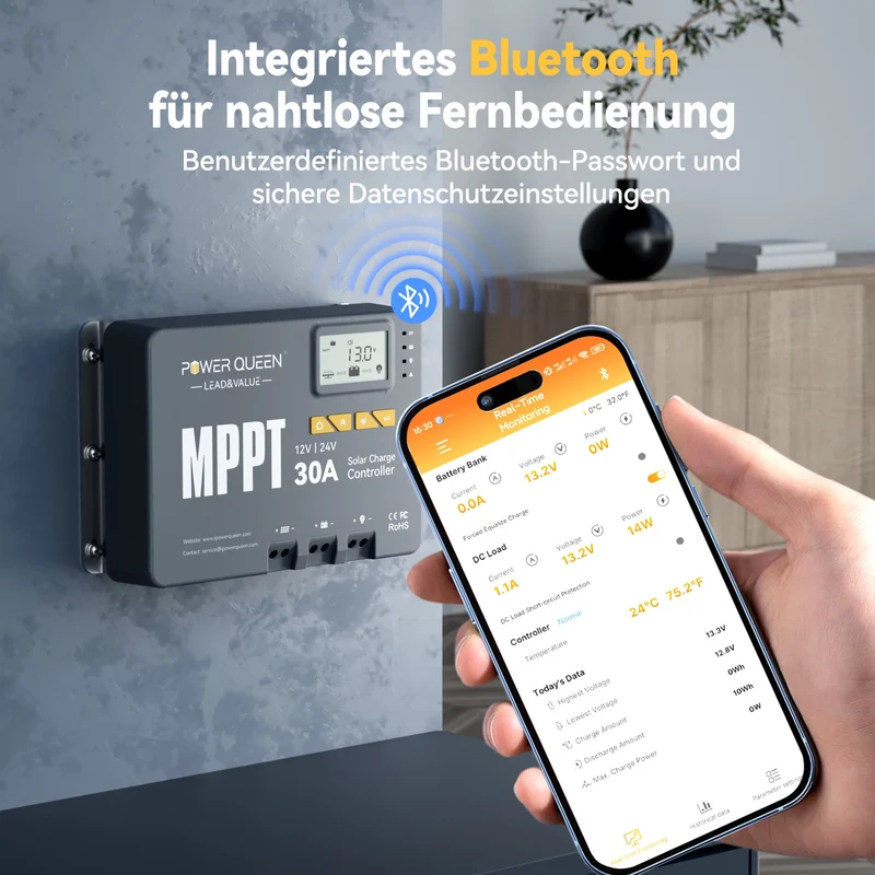 【0% Mwst.】Power Queen MPPT 12/24V 30A Solarladeregler mit Bluetooth-Modul