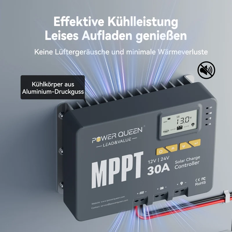 【0% Mwst.】Power Queen MPPT 12/24V 30A Solarladeregler mit Bluetooth-Modul