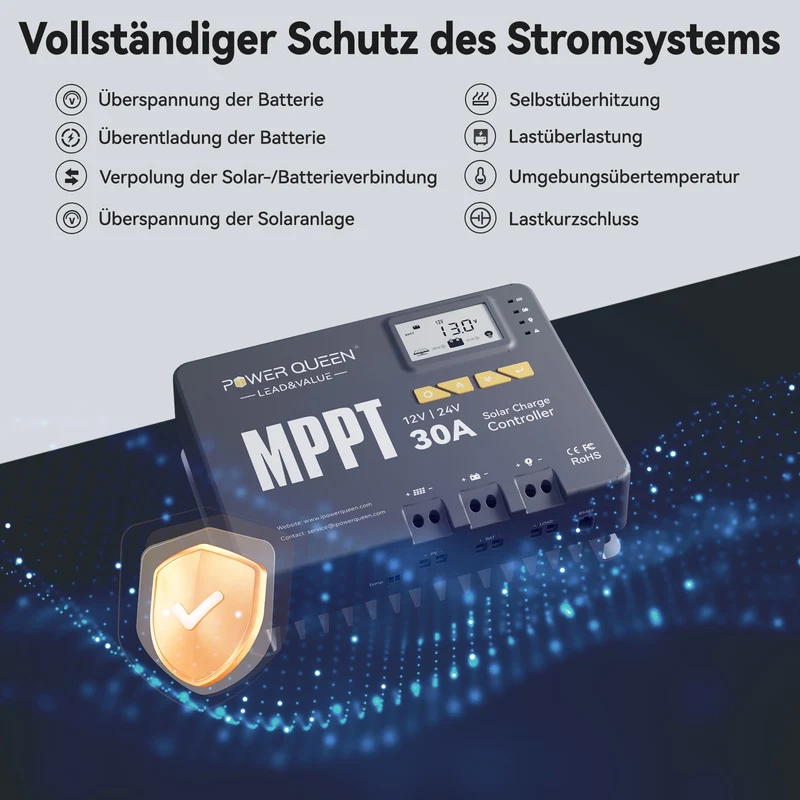 【0% Mwst.】Power Queen MPPT 12/24V 30A Solarladeregler mit Bluetooth-Modul