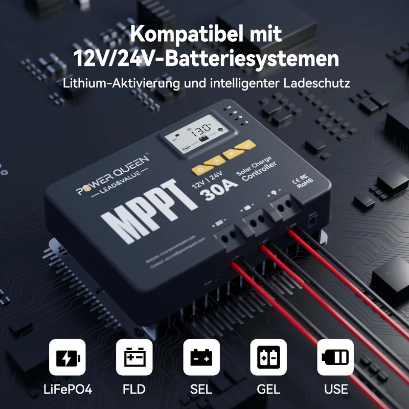 【0% Mwst.】Power Queen MPPT 12/24V 30A Solarladeregler mit Bluetooth-Modul