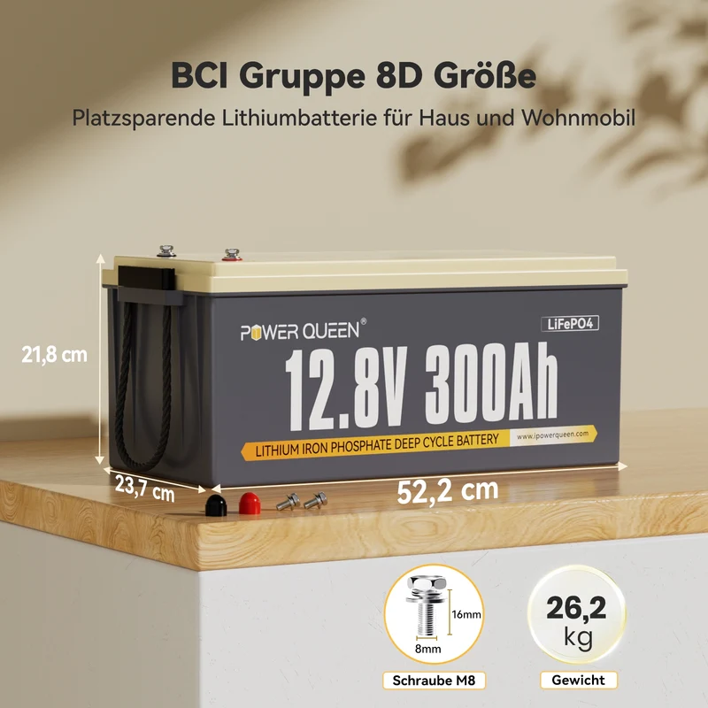 Power Queen 12V 300Ah LiFePO4 Batterie, Integriertes 200A BMS