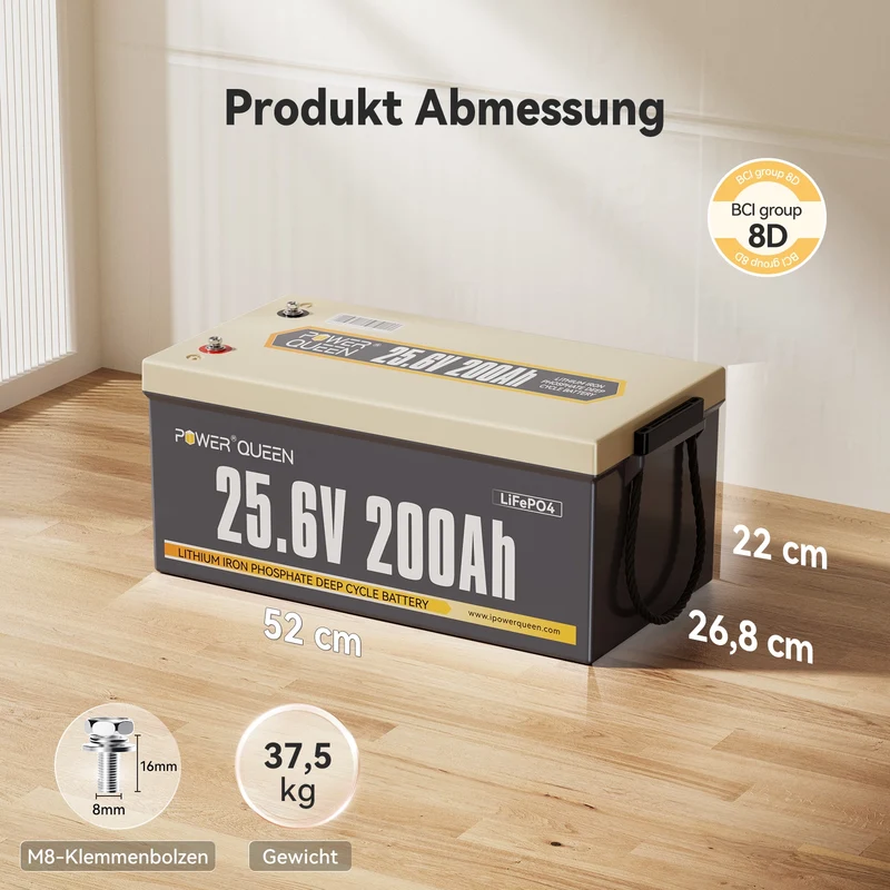 Power Queen 24V 200Ah LiFePO4 Batterie, Eingebautes 200A BMS