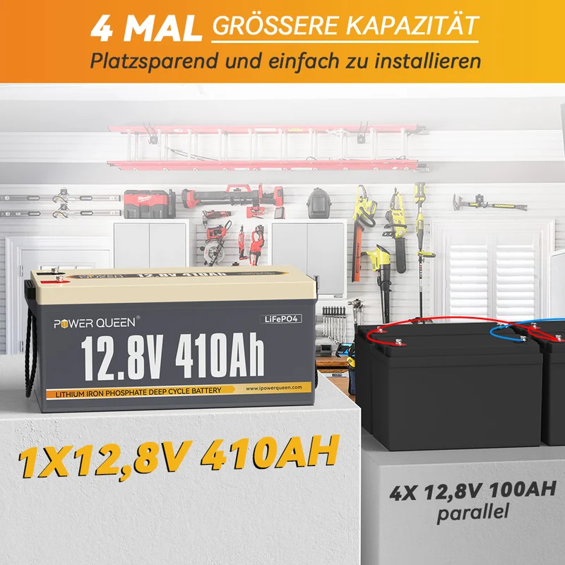 (0% MwSt.) Power Queen 12V 410Ah LiFePO4 Batterie, Eingebautes 250A BMS