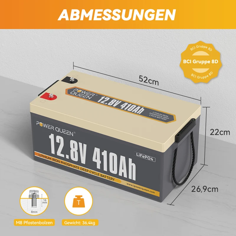(0% MwSt.) Power Queen 12V 410Ah LiFePO4 Batterie, Eingebautes 250A BMS