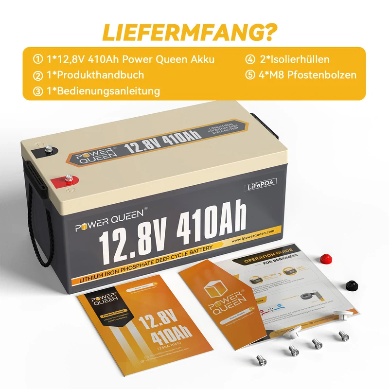 (0% MwSt.) Power Queen 12V 410Ah LiFePO4 Batterie, Eingebautes 250A BMS