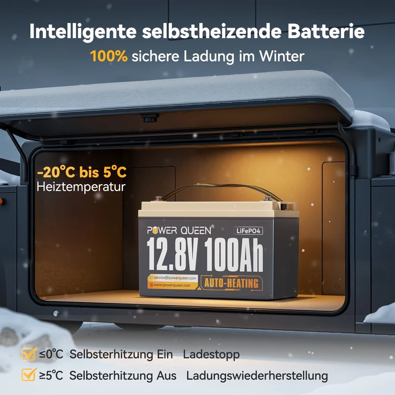 (0% MwSt.) Power Queen 12V 100Ah Selbstheizende LiFePO4 Batterie, Eingebautes 100A BMS
