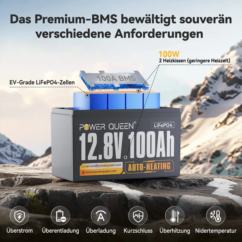 (0% MwSt.) Power Queen 12V 100Ah Selbstheizende LiFePO4 Batterie, Eingebautes 100A BMS