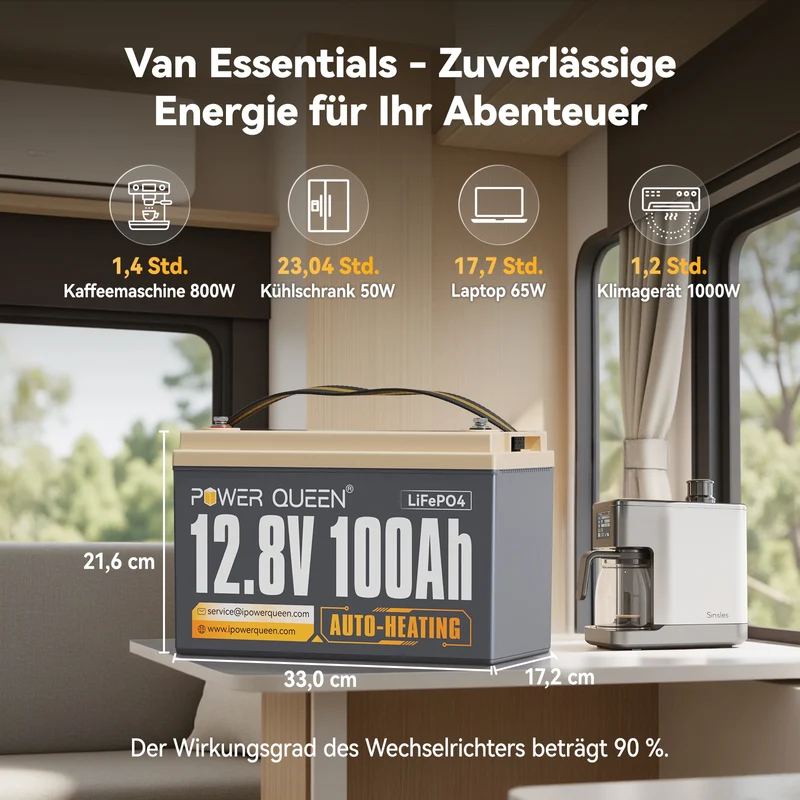 (0% MwSt.) Power Queen 12V 100Ah Selbstheizende LiFePO4 Batterie, Eingebautes 100A BMS