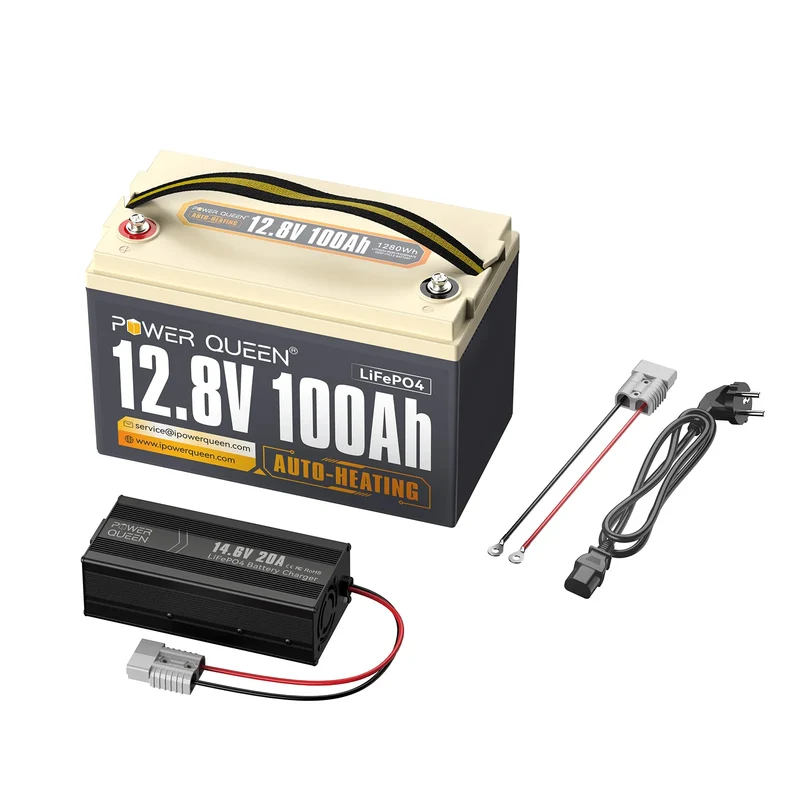 Power Queen 12V 100Ah Selbstheizende LiFePO4 Batterie, Eingebautes 100A BMS