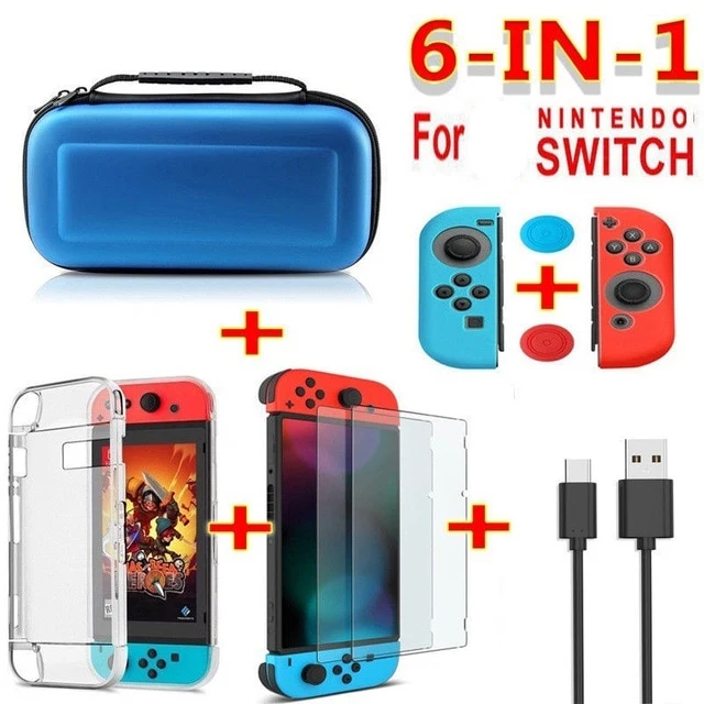6 in 1 game accessory set Black red blue For Nintend Switch Travel Carrying Bag Screen Protector Case Charging Cable