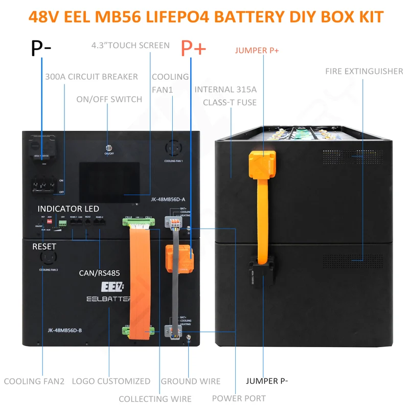 EU Stock-EEL 32kwh 51.2V 16S 628Ah EVE MB56 Horizontal Battery Box DIY Kits with 300A JK V19 BMS For Solar Energy Storage System EV RV