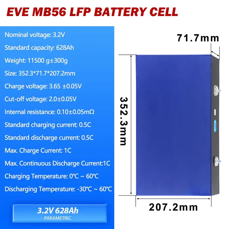 EU Stock-3.2V 628Ah EVE MB56 with M8 Studs Grade A LiFePO4 Battery Cells Free Shipping& Free Tax& With Cells Pre-sale