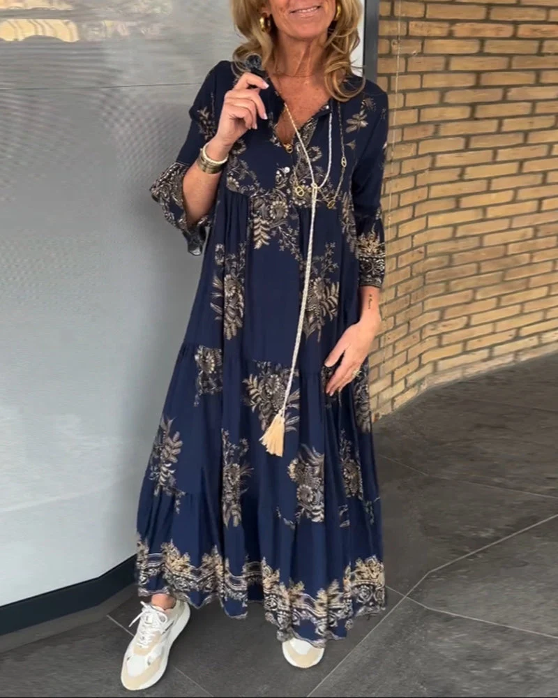 Vestido vintage con escote en pico y corte holgado.-ES