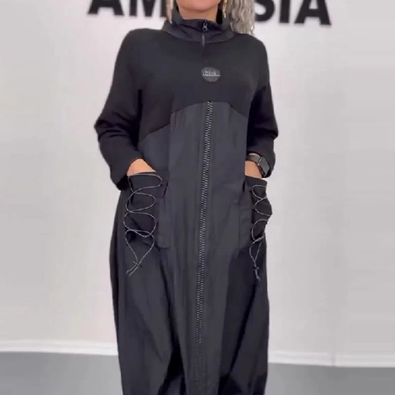 Vestido de manga larga con escote en pico y encaje👗-ES