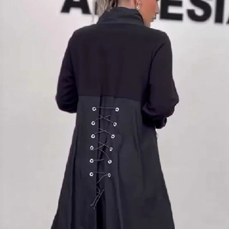 Vestido de manga larga con escote en pico y encaje👗-ES