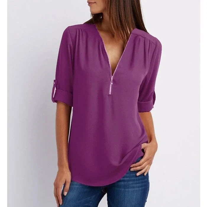 💟Blusa holgada de talla grande con mangas 3/4 y cremallera-ES
