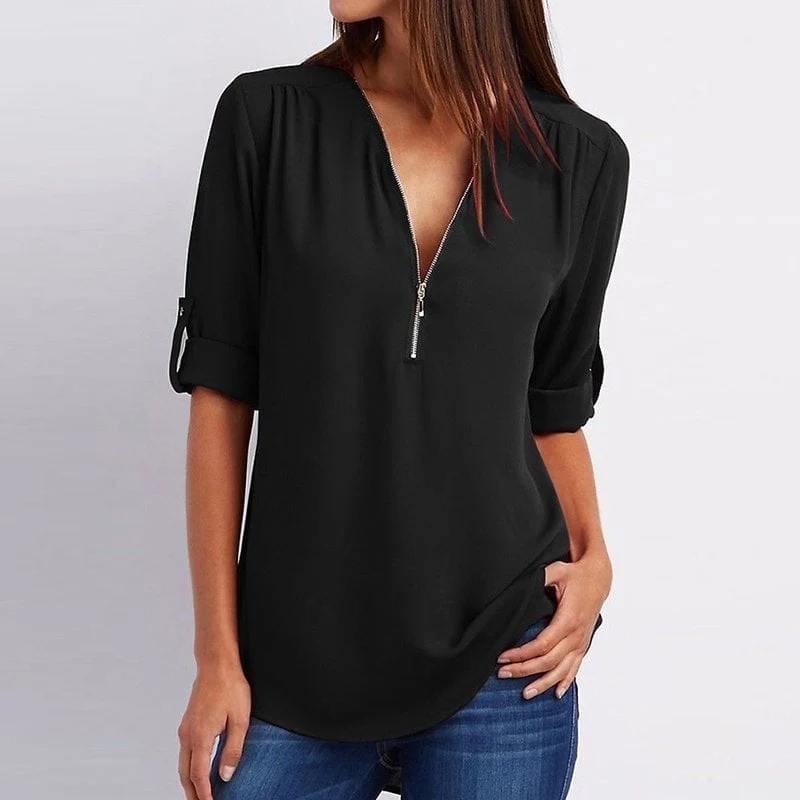 💟Blusa holgada de talla grande con mangas 3/4 y cremallera-ES