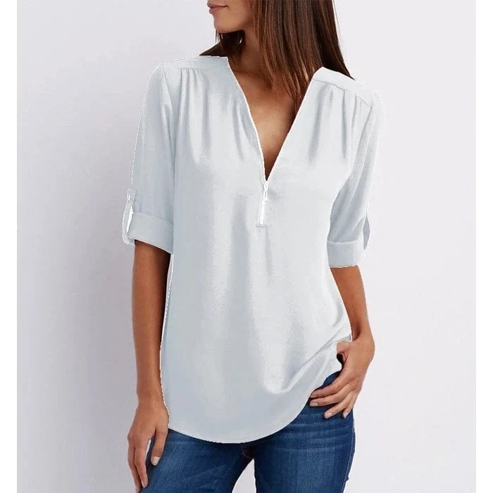 💟Blusa holgada de talla grande con mangas 3/4 y cremallera-ES