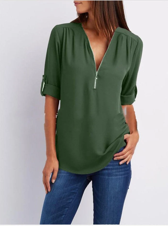 💟Blusa holgada de talla grande con mangas 3/4 y cremallera-ES