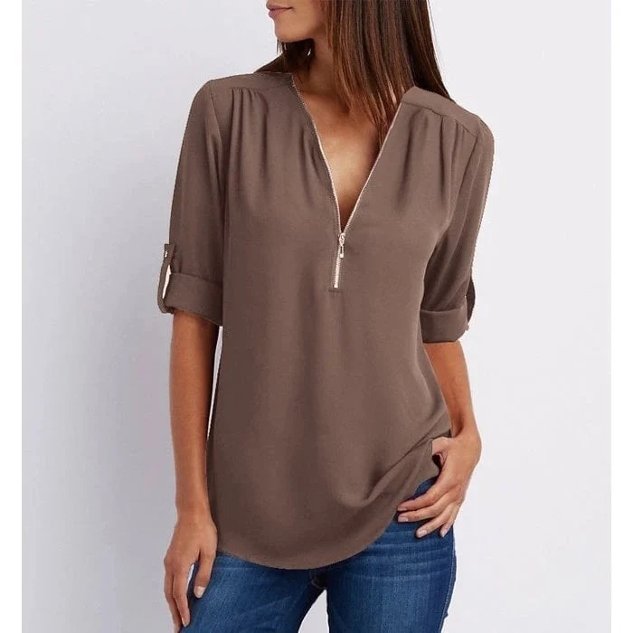 💟Blusa holgada de talla grande con mangas 3/4 y cremallera-ES