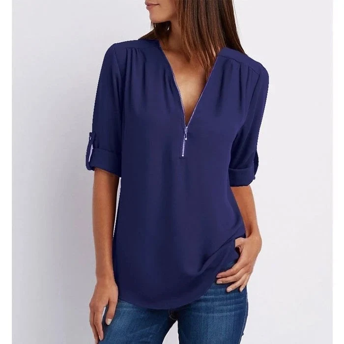 💟Blusa holgada de talla grande con mangas 3/4 y cremallera-ES