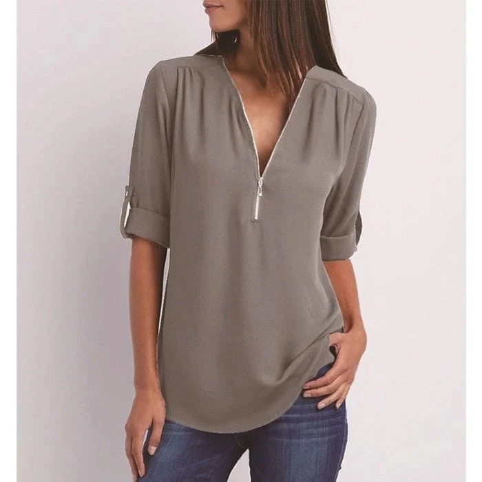 💟Blusa holgada de talla grande con mangas 3/4 y cremallera-ES