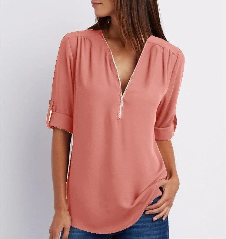 💟Blusa holgada de talla grande con mangas 3/4 y cremallera-ES