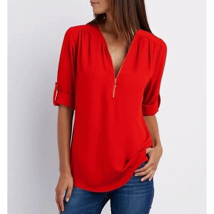 💟Blusa holgada de talla grande con mangas 3/4 y cremallera-ES