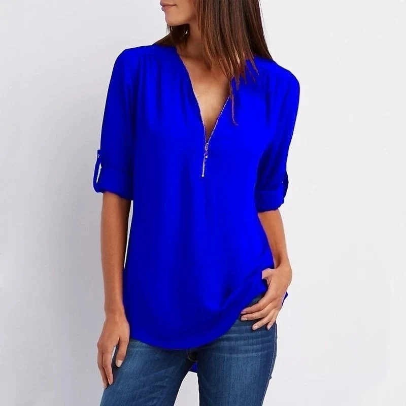 💟Blusa holgada de talla grande con mangas 3/4 y cremallera-ES