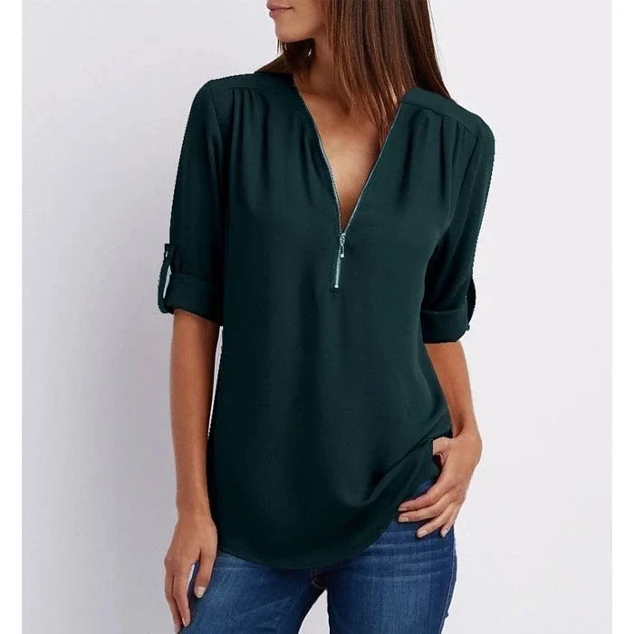 💟Blusa holgada de talla grande con mangas 3/4 y cremallera-ES