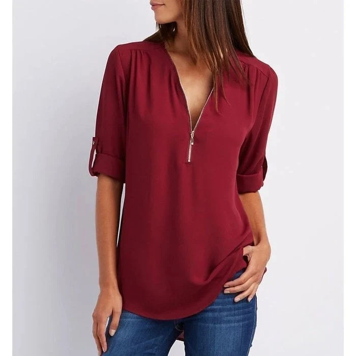 💟Blusa holgada de talla grande con mangas 3/4 y cremallera-ES