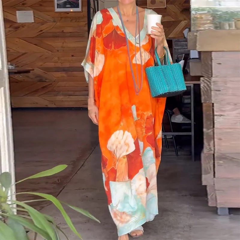 Floral print Μισό μανίκι Φαρδύ Maxi Φόρεμα.-GR