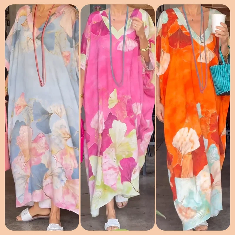 Floral print Μισό μανίκι Φαρδύ Maxi Φόρεμα.-GR