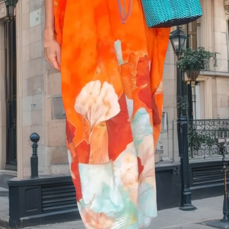 Floral print Μισό μανίκι Φαρδύ Maxi Φόρεμα.-GR
